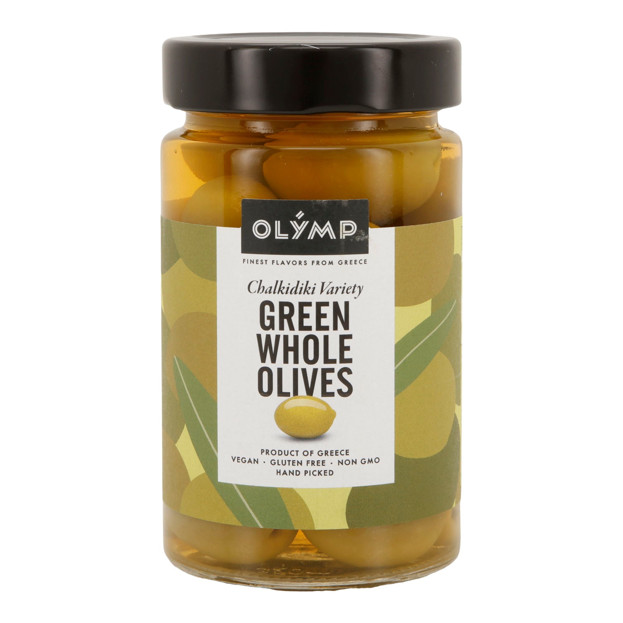 Grüne Oliven Olymp | Ganze Chalkidiki-Oliven mit Kern | Vegan, Glutenfrei, Non-GMO | 320 g Glas Olymp Konstantopoulos